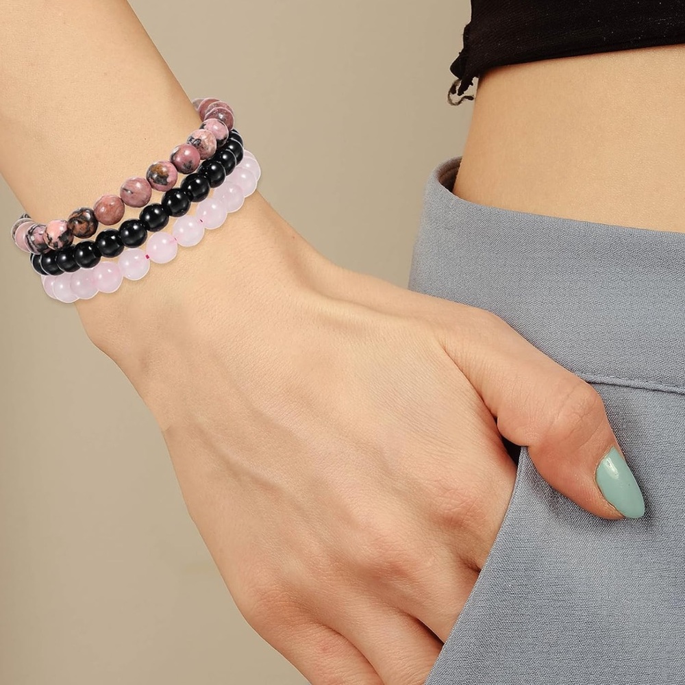 🆕New Loving Life Gemstone Bracelet Set -Rose Quartz, Rhodonite & Onyx - Picture 8 of 11